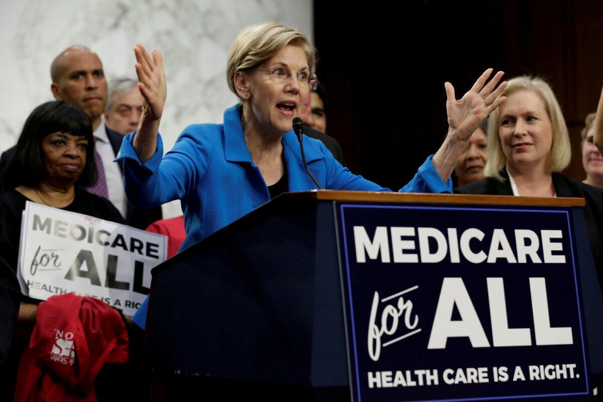 Senator Elizabeth Warren (D-Mass.) speaks during an event to introduce the "Medicare for All Act of 2017" on Capitol Hill in Washington on Sept. 13, 2017. (Yuri Gripas/Reuters)