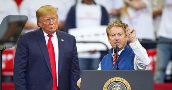  President Donald Trump looks on as Sen. Rand Paul (R-Ky.) speaks at a campaign rally at the Rupp Arena in Lexington, Ky., on Nov. 4, 2019. (Bryan Woolston/Getty Images)