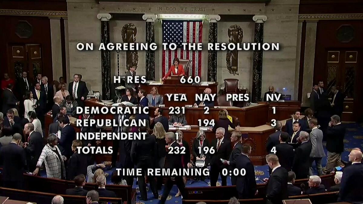 This image from video made available by House TV on Oct. 31, 2019 shows the floor of the U.S. House of Representatives in Washington and the vote count to approve the rules for its impeachment inquiry of President Donald Trump. (House TV via AP)