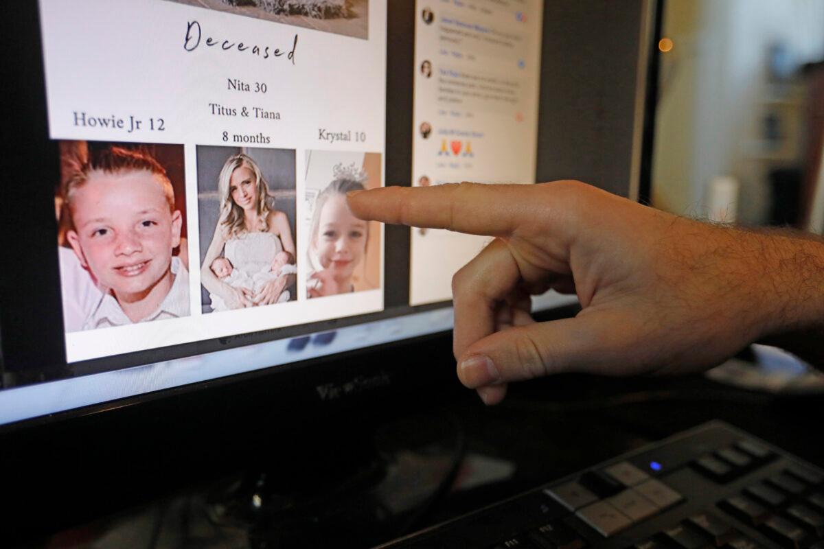 Austin Cloes points to a photo of relatives Rhonita Miller and her family, who were killed in Mexico, on a computer screen in Herriman, Utah on Nov. 5, 2019. (AP Photo/Rick Bowmer)