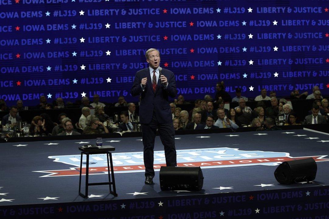 Democratic presidential candidate businessman Tom Steyer speaks during the Iowa Democratic Party's Liberty and Justice Celebration, in Des Moines, Iowa, on Nov. 1, 2019. (Nati Harnik/AP)