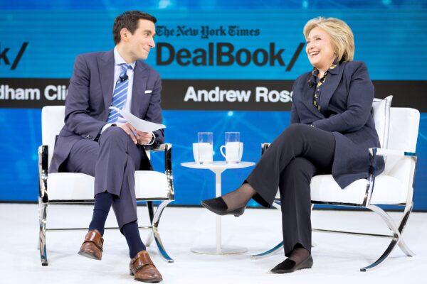Andrew Ross Sorkin, a New York Times columnist, speaks with former Secretary of State Hillary Rodham Clinton onstage at the New York Times Dealbook event in New York on Nov. 6, 2019. (Michael Cohen/Getty Images for The New York Times)