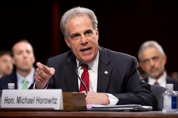 Michael Horowitz, Inspector General at the Department of Justice at a Senate hearing in Washington on June 18, 2018. (Samira Bouaou/The Epoch Times)