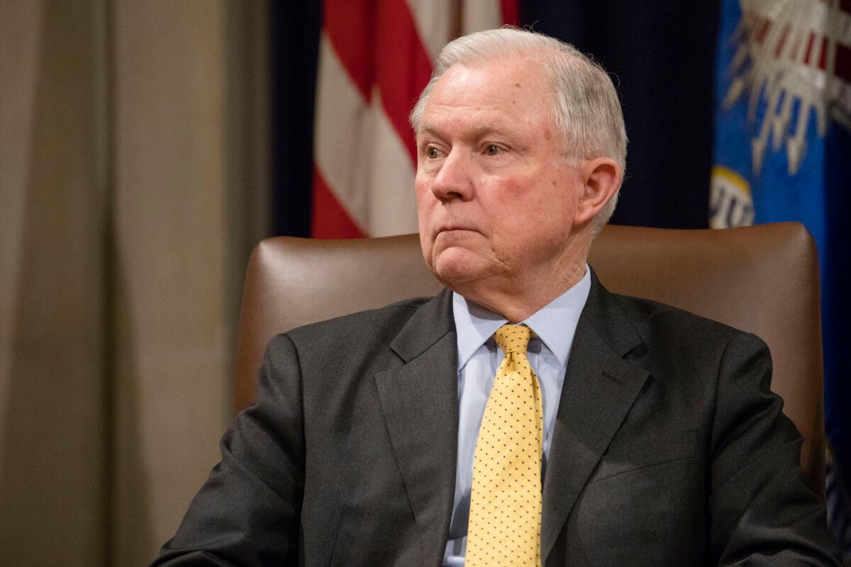 Then-Attorney General Jeff Sessions at the Department of Justice Human Trafficking Summit in Washington on Feb. 2, 2018. (Samira Bouaou/The Epoch Times)