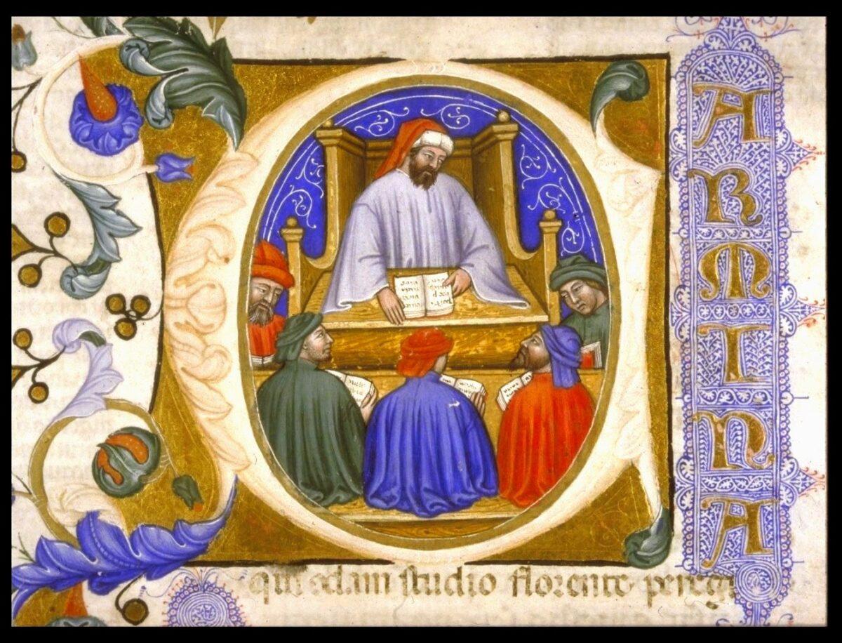 Boethius teaching his students, in a 1385 Italian manuscript of “The Consolation of Philosophy,” MS Hunter 374 (V.1.11), Glasgow University Library. (Public Domain)