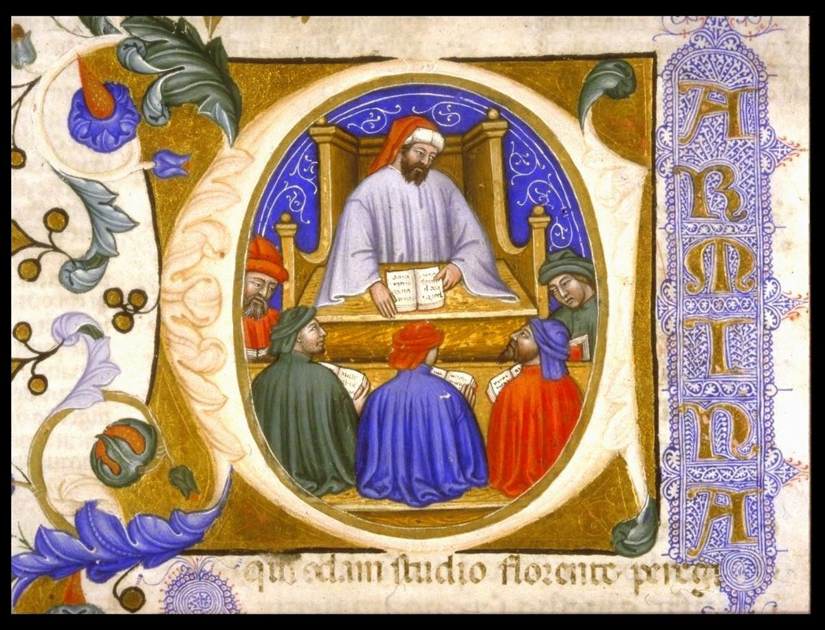 Boethius teaching his students, in a 1385 Italian manuscript of the “Consolation of Philosophy,” MS Hunter 374 (V.1.11), Glasgow University Library. (Public Domain) <span style="color: #ff0000;"> </span>