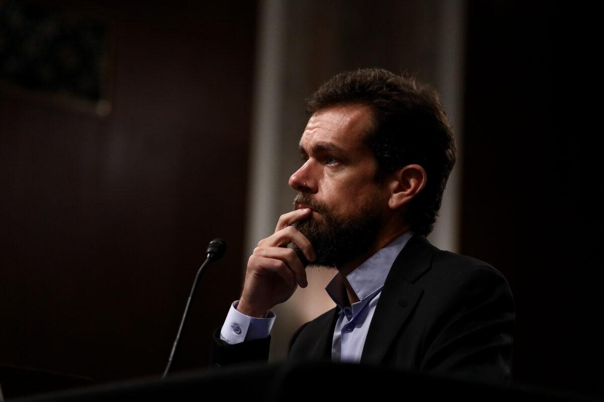 Jack Dorsey, CEO of Twitter Inc., testifies at a hearing to examine foreign influence operations' use of social media platforms before the Intelligence Committee at the Capitol in Washington on Sept. 5, 2018. (Samira Bouaou/The Epoch Times)