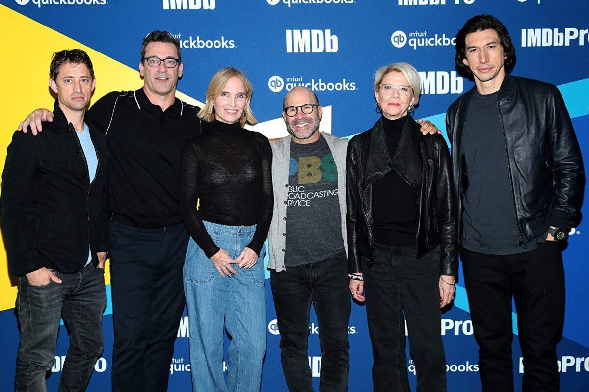 (L–R) The former United States Senate investigator Dan Jones, actors Jon Hamm and Jennifer Fox, director Scott Z. Burns, and actors Annette Bening and Adam Driver, at an event for “The Report.” (Rich Polk/Getty Images for IMDB)
