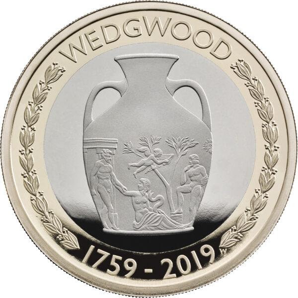The Royal Mint's commemorative coin features Wedgwood's Portland Vase, to celebrate Wedgwood's 260th anniversary. The coin’s edge is inscribed with "Everything gives way to experiment," which is based on Josiah Wedgwood’s motto. (Fiskars UK Ltd.)