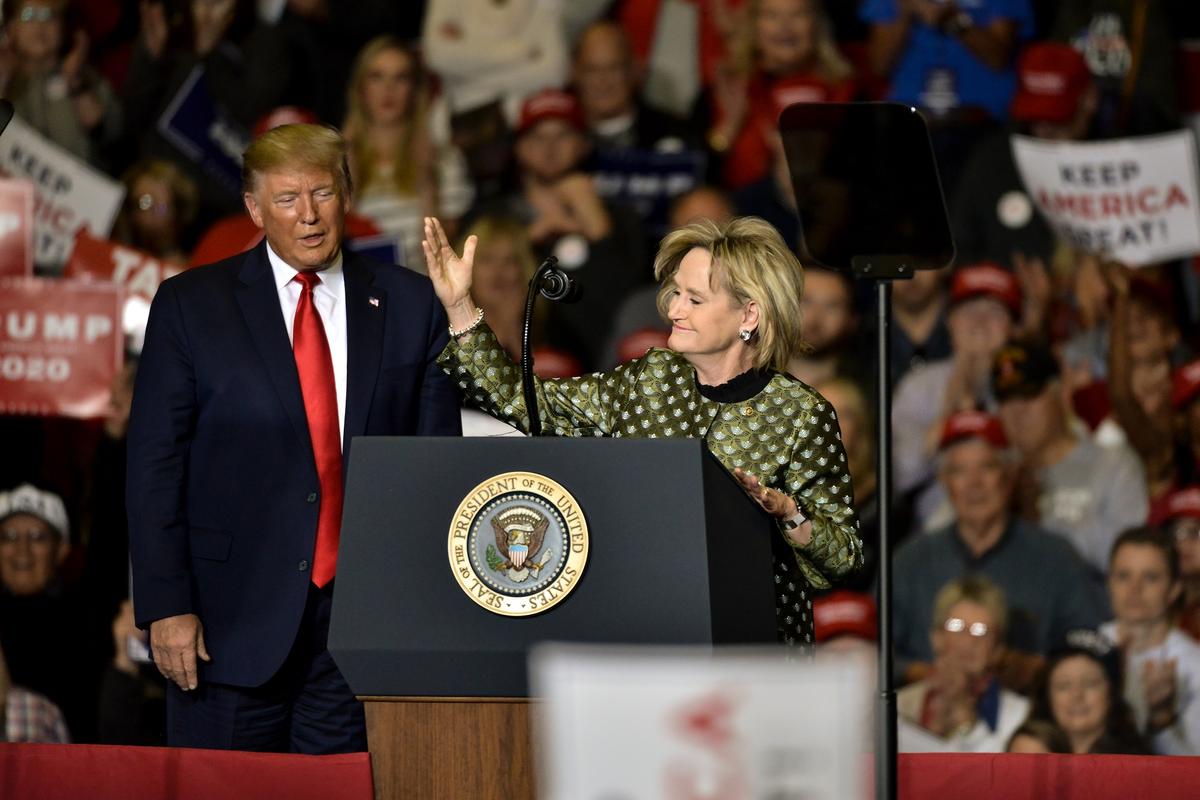 Sen. Cindy Hyde-Smith (R-Miss.) speaks alongside President Donald Trump during a "Keep America Great" campaign rally at BancorpSouth Arena in Tupelo, Mississippi on Nov. 1, 2019. (Photo by Brandon Dill/Getty Images)