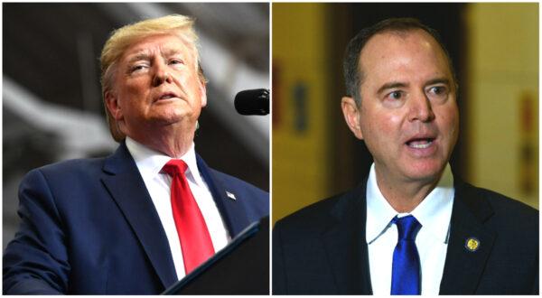 (L) U.S. President Donald Trump at a rally at the Civic Center in Monroe, Louisiana on Nov. 6, 2019. (Mandel Ngan/AFP via Getty Images). (R) U.S. Representative Adam Schiff, Democrat of California and the Chairman of the House Permanent Select Committee on Intelligence speaks to the press on Capitol Hill in Washington, on Nov. 4, 2019. (Andrew Caballero-Reynolds/AFP via Getty Images)