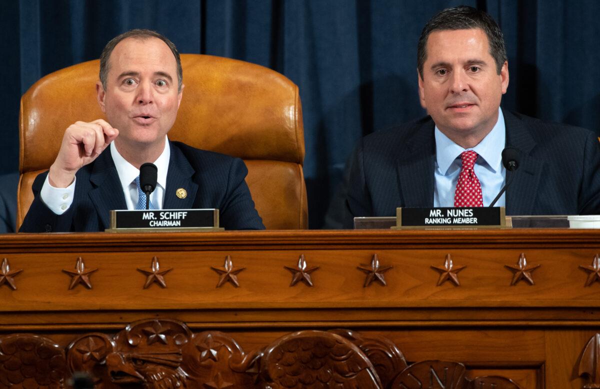 House Intelligence Chairman Adam Schiff (D-Calif.) (L) and Ranking Member Devin Nunes (R-Calif.) during the first public hearings held by the House Intelligence Committee as part of the impeachment inquiry into President Donald Trump on Capitol Hill in Washington on Nov. 13, 2019. (Saul Loeb/Pool/AFP via Getty Images)