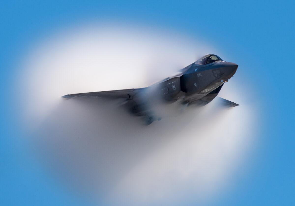 An F-35 performs aerial maneuvers during the Wings Over Houston Airshow in Houston on Oct. 18, 2019. (U.S. Air Force photo by Senior Airman Alexander Cook)