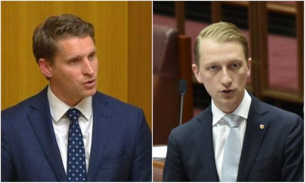 (L) Andrew Hastie, Liberal MP, speaks at Australian Parliament in May 2018. (Commonwealth of Australia) (R) Senator James Paterson speaks in the Senate at Parliament House in Canberra, Australia, on Nov. 28, 2017. (Michael Masters/Getty Images)