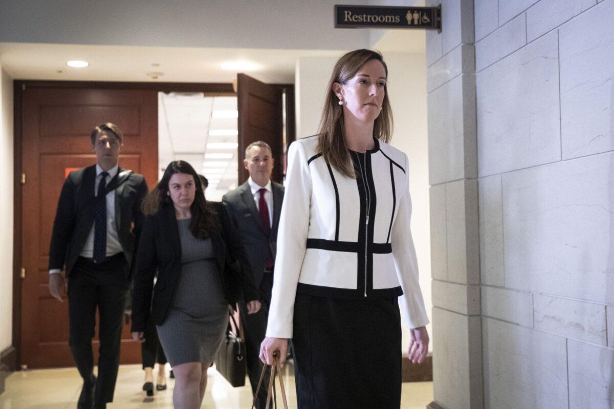 Jennifer Williams, an aide to Vice President Mike Pence, exits a deposition with the House Intelligence, Foreign Affairs and Oversight committees at the U.S. Capitol on November 7, 2019. (Drew Angerer/Getty Images)