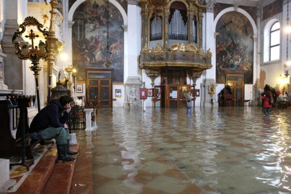 A flooded church is seen during a period of seasonal high water in Venice, Italy, on Nov. 17, 2019. (Manuel Silvestri/Reuters)