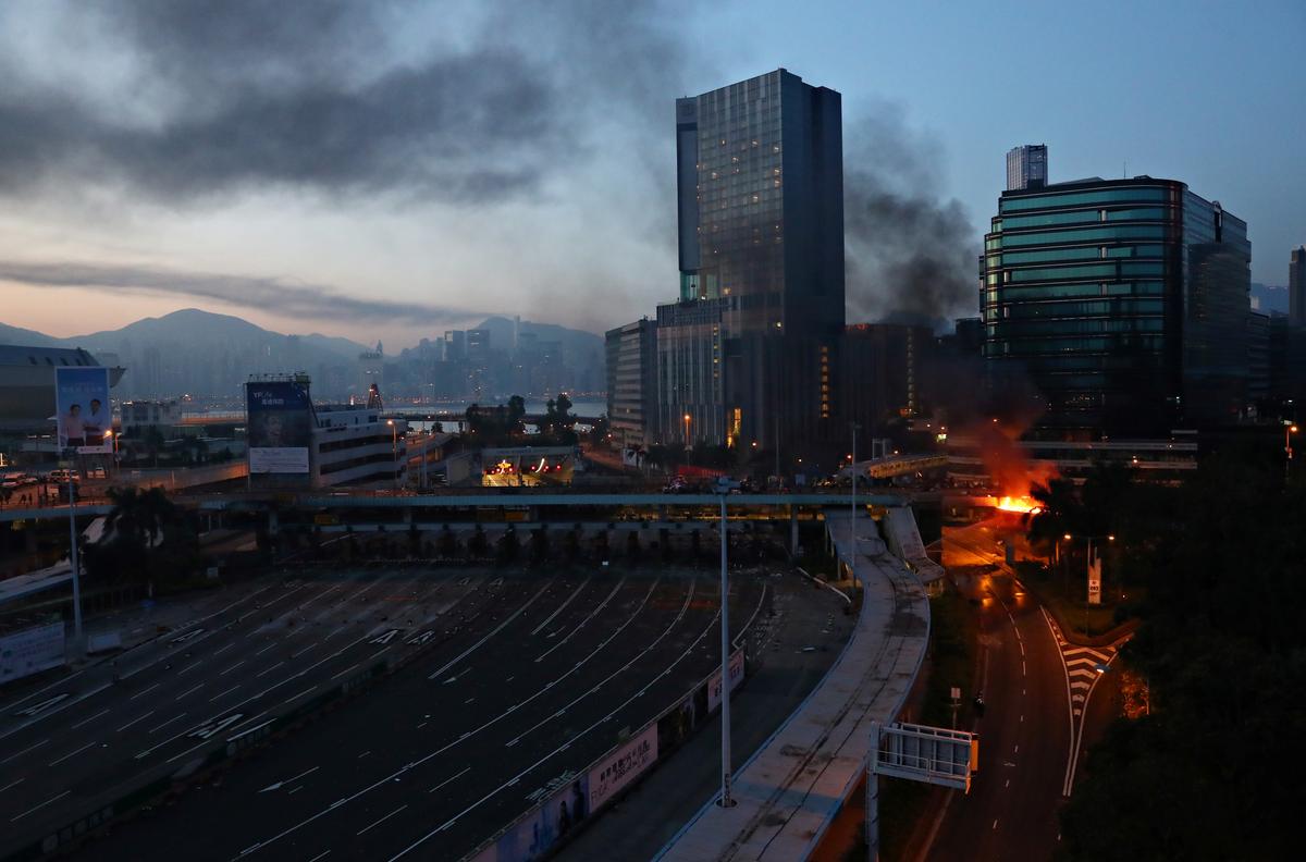A fire is seen at the Hong Kong Polytechnic University (PolyU) in Hong Kong, on the early morning of Nov. 18, 2019. (Athit Perawongmetha/Reuters)