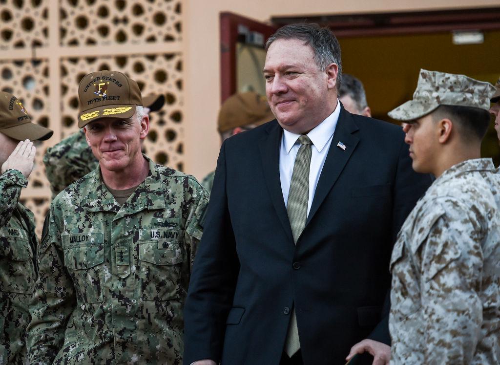 U.S. Secretary of State Mike Pompeo (C) walks with Vice Admiral James Malloy (L), commander of the U.S. Naval Forces Central Command (NAVCENT)/5th Fleet, after a tour of the U.S. Naval Forces Central Command center in Manama on Jan. 11, 2019. (Andrew Caballero-Reynolds/AFP via Getty Images)