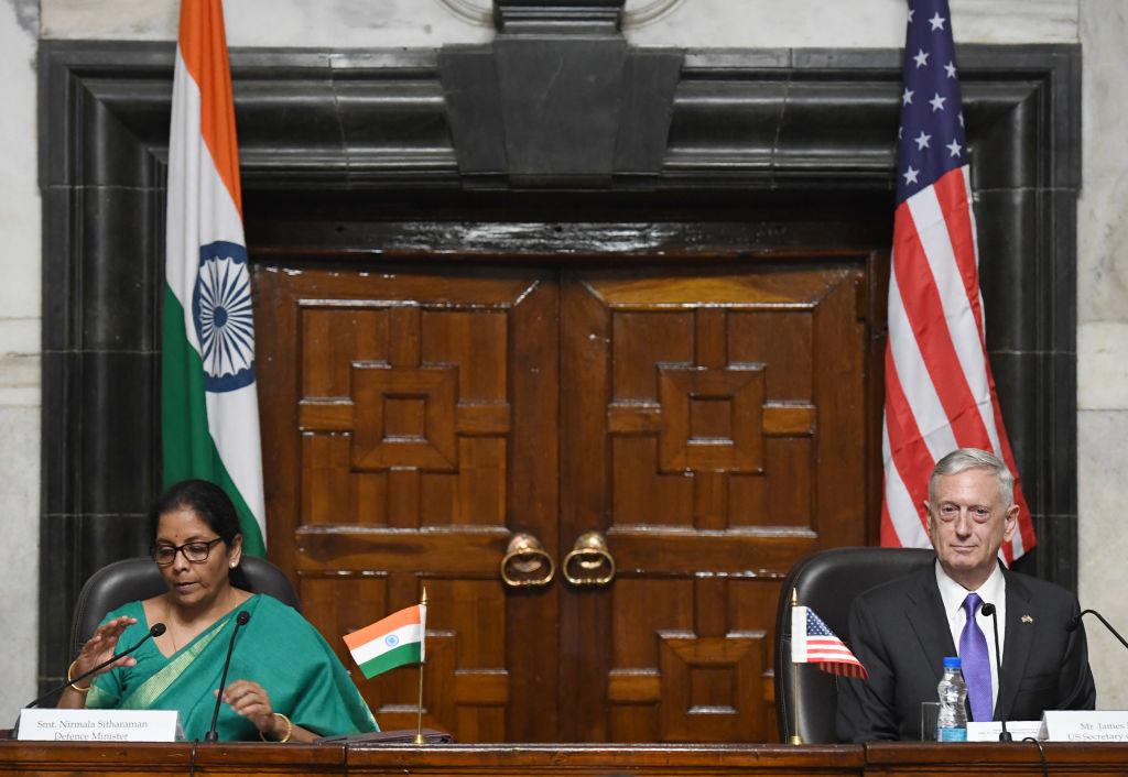 Former U.S. Defense Secretary Jim Mattis (R) and the former Indian Defence Minister Nirmala Sitharaman after a meeting in New Delhi on Sept. 26, 2017. (Prakash Singh/AFP via Getty Images)