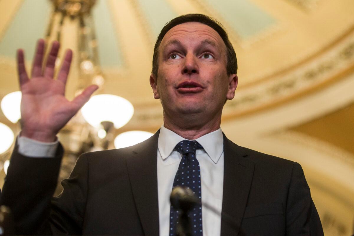 Sen. Chris Murphy (D-Conn.) speaks to reporters in Washington on April 2, 2019. (Zach Gibson/Getty Images)
