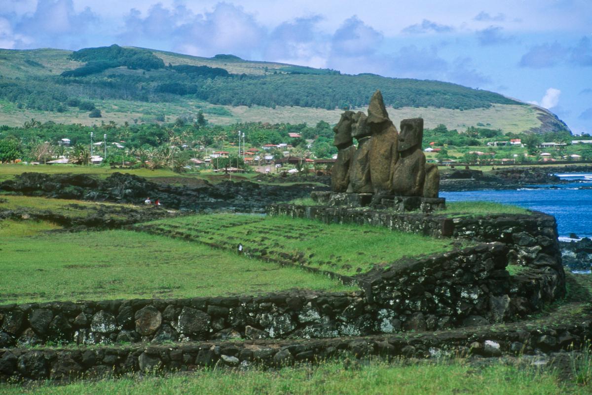 The Ahu Vai Uri construction dates from 1200 AD, and its five restored moai are a sample of the different carving styles. (FRED J. ECKERT)