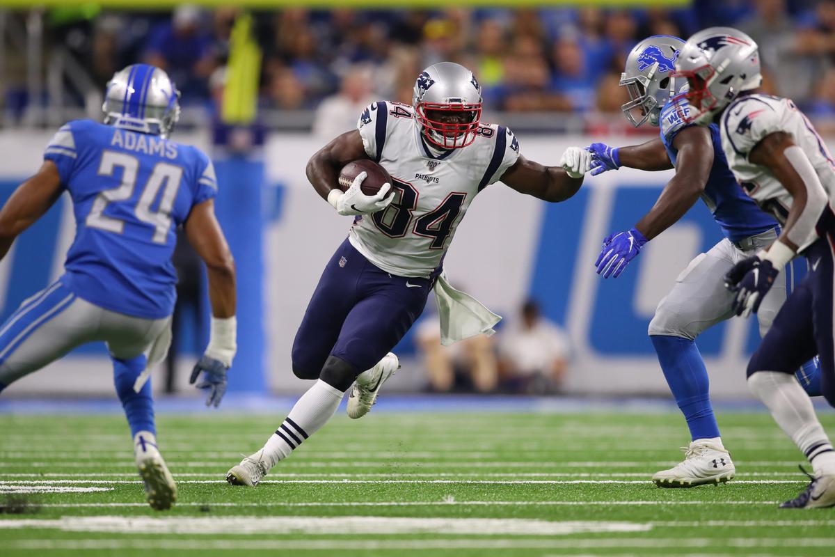 Benjamin Watson, #84 of the New England Patriots, looks for yards after a second quarter catch while playing the Detroit Lions during a preseason game at Ford Field in Detroit on Aug. 8, 2019. (Gregory Shamus/Getty Images)