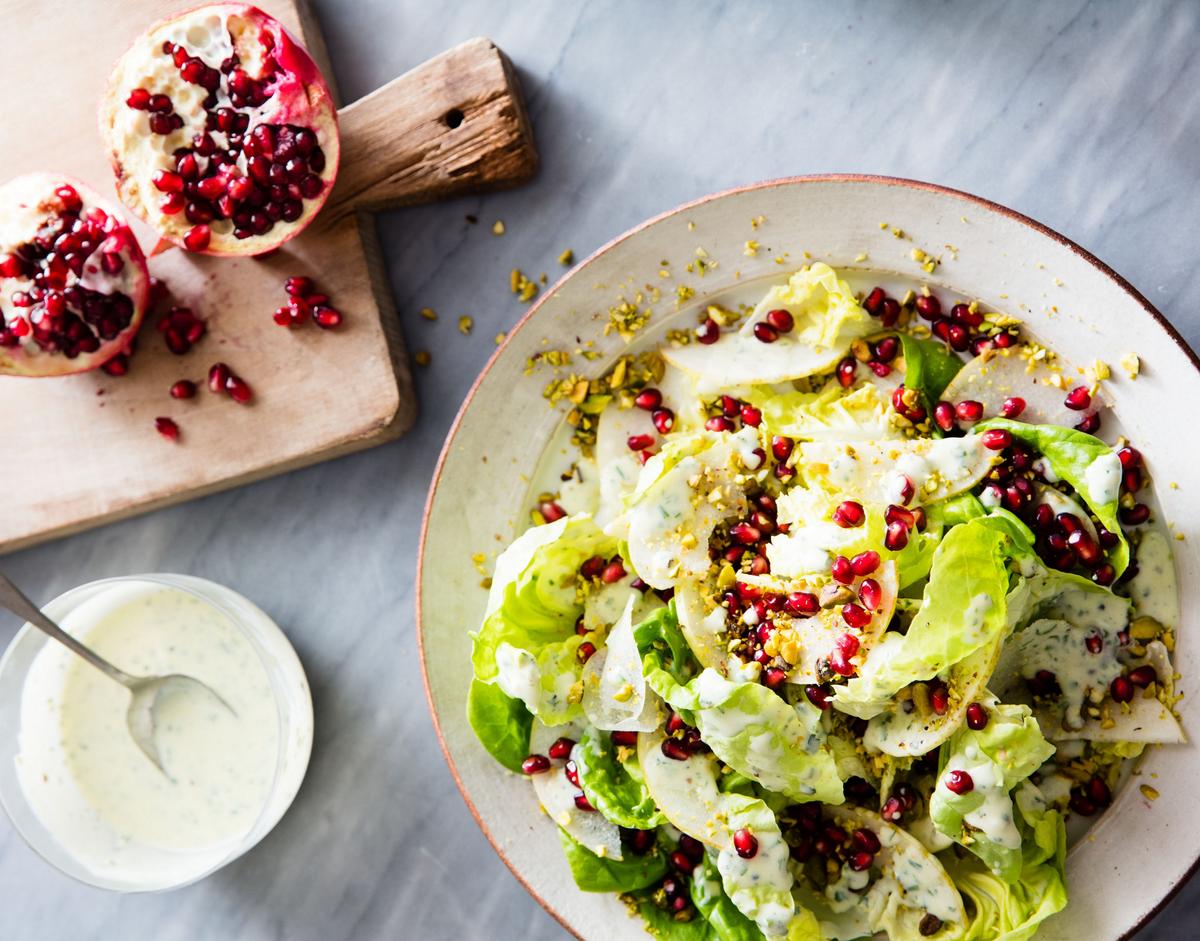 Butter lettuce salad with Asian pears, pistachios, and pomegranate seeds. (Erin Kunkel)