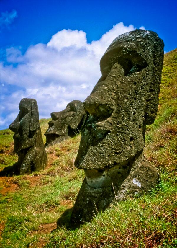 Rano Raraku, a volcano that was long ago turned into a factory for producing moai, invokes a sense of mystery stronger than any other place at Easter Island. It’s like walking in a huge graveyard of giant stone statues. (FRED J. ECKERT)