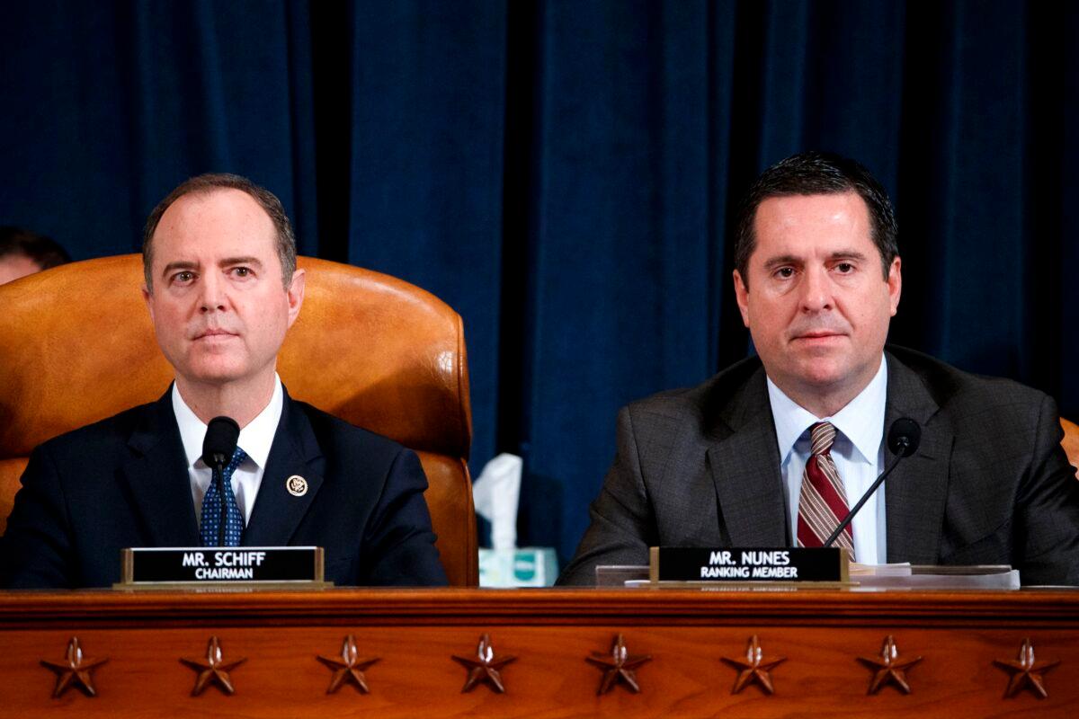 Democratic Chairman of the House Permanent Select Committee on Intelligence Adam Schiff (L) and Ranking Member Devin Nunes (R) during an impeachment inquiry hearing on Capitol Hill on Nov. 19, 2019. (Shawn Thew/POOL/AFP via Getty Images)