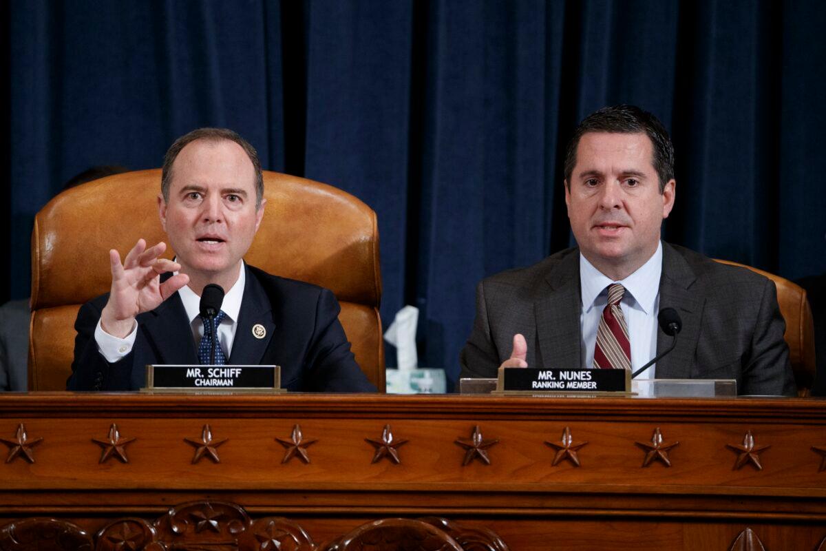 House Intelligence Chairman Adam Schiff (D-Calif.) with Ranking Member Devin Nunes (R-Calif.) during testimony before the House Intelligence Committee on Capitol Hill in Washington on Nov. 19, 2019. (Shawn Thew-Pool/Getty Images)