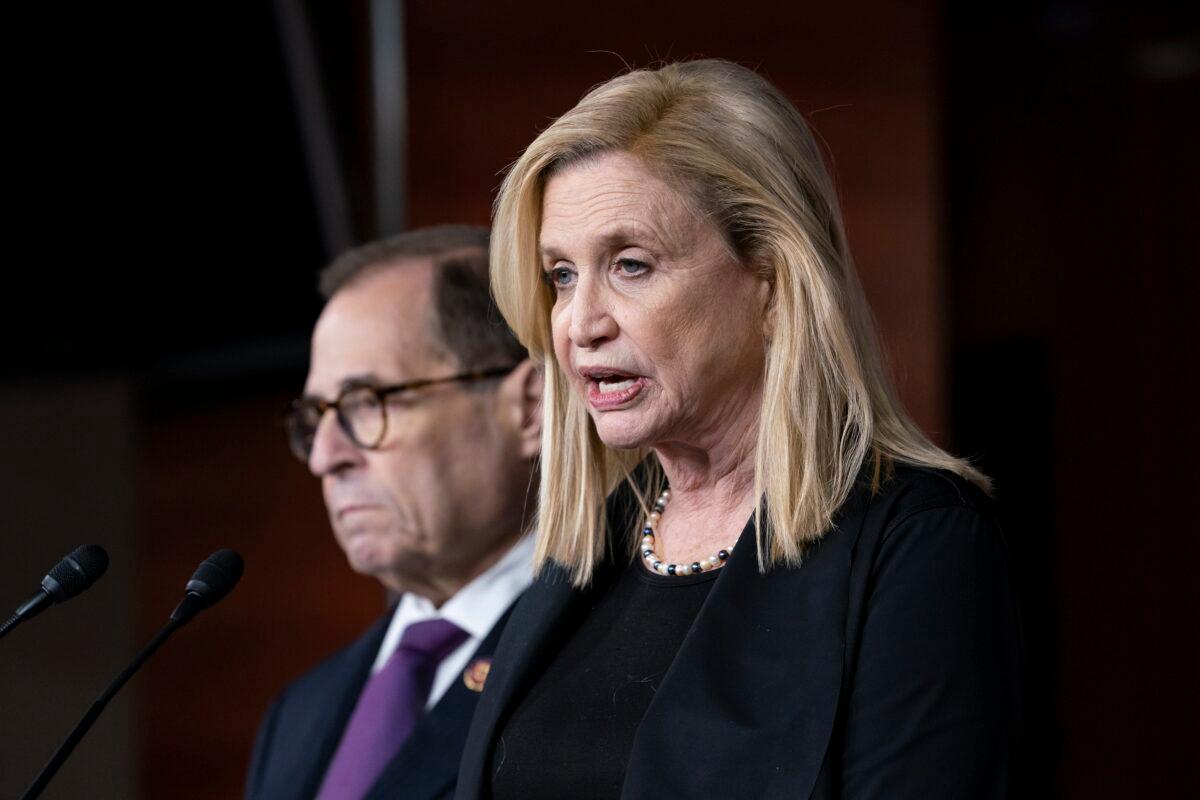 Rep. Carolyn Maloney, acting chair of the House Committee on Oversight and Reform, joined at left by Rep. Jerrold Nadler, chairman of the House Judiciary Committee, meet with reporters at the Capitol in Washington on Oct. 31, 2019. (J. Scott Applewhite/AP Photo)