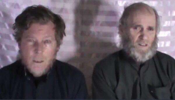 Australian Timothy Weeks (left) and U.S. citizen Kevin King in a still image from a 2017 video released by the Taliban. (Taliban)