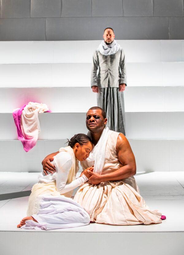 The 2019 Chicago production of the ancient Greek tragedy "Oedipus Rex" shows that classic plays endure. Oedipus (Kelvin Roston Jr.) and his daughter Antigone (Aeriel Williams) with Creon (Timothy Edward Kane) in back, in the Court Theatre production. (Michael Brosilow)