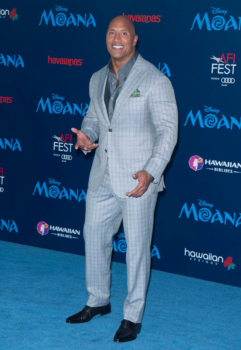 Johnson attends the Disney premiere of "Moana" in Hollywood, California, on Nov. 14, 2016. (©Getty Images | <a href="https://www.gettyimages.com/detail/news-photo/actor-dwayne-johnson-attends-the-disney-premiere-moana-in-news-photo/623331624">LILLY LAWRENCE/AFP</a>)