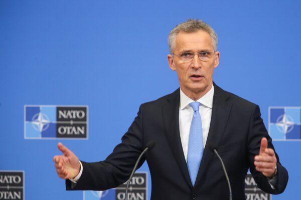NATO Secretary-General Jens Stoltenberg gives a press conference following the North Atlantic Council of Defence Ministers, at the NATO headquarters in Brussels, on Feb.14, 2019. (François Walschaerts /AFP via Getty Images)