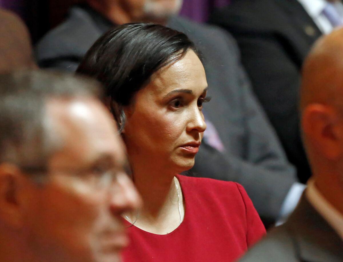 California Republican Party chairwoman Jessica Millan Patterson listens as lawyers present their arguments before the California Supreme Court in Sacramento on Nov. 6, 2019. (Rich Pedroncelli/AP Photo)