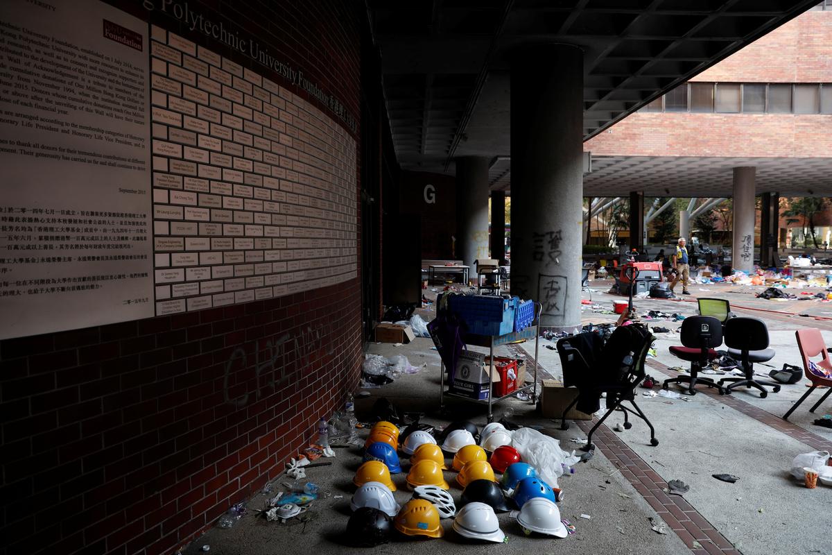 Helmets of protesters are left behind in Hong Kong Polytechnic University (PolyU) in Hong Kong on Nov. 21, 2019. (Adnan Abidi/Reuters)