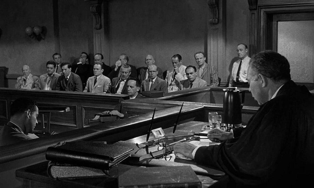 The judge (Rudy Bond, R) addresses the jury in "12 Angry Men." (United Artists)