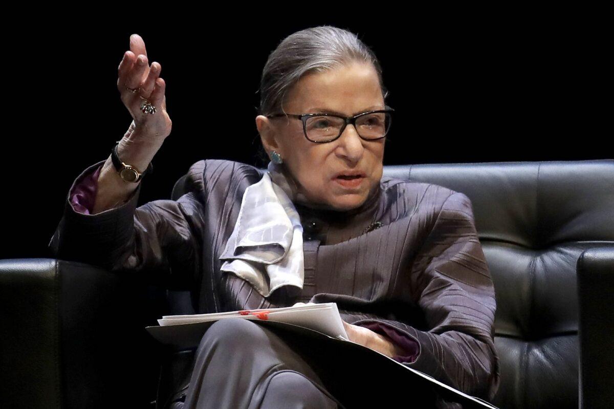 Supreme Court Justice Ruth Bader Ginsburg gestures while speaking during the inaugural Herma Hill Kay Memorial Lecture at the University of California at Berkeley in Berkeley, Calif., on Oct. 21, 2019. (Jeff Chiu/AP Photo)