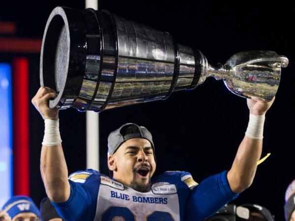 Winnipeg Blue Bombers' Andrew Harris celebrates winning the 107th Grey Cup against the Hamilton Tiger Cats in Calgary on Nov. 24, 2019. (The Canadian Press/Todd Korol)