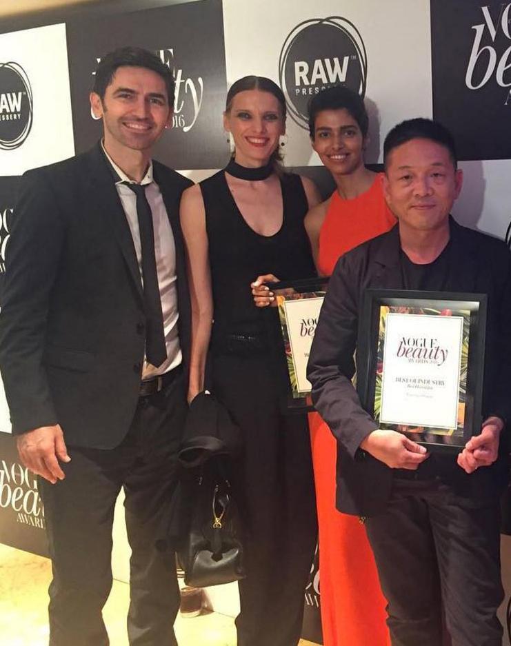 (L–R) Mark, his wife, Gunita, model Pooja Mor, and hairstylist of the year Keiichiro Hirano at the Vogue Beauty Awards (Photo courtesy of Mark Luburic)