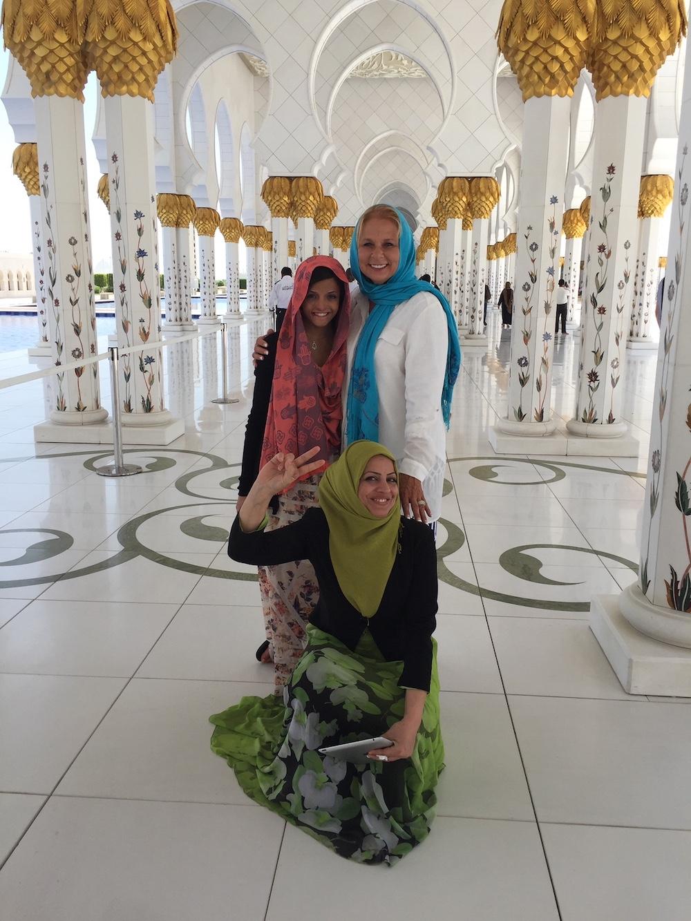 Barbara, Teeba, and Dunia visiting a mosque in Abu-Dhabi. (Photo courtesy of <a href="https://www.facebook.com/barbara.marlowe1">Barbara Marlowe</a>)