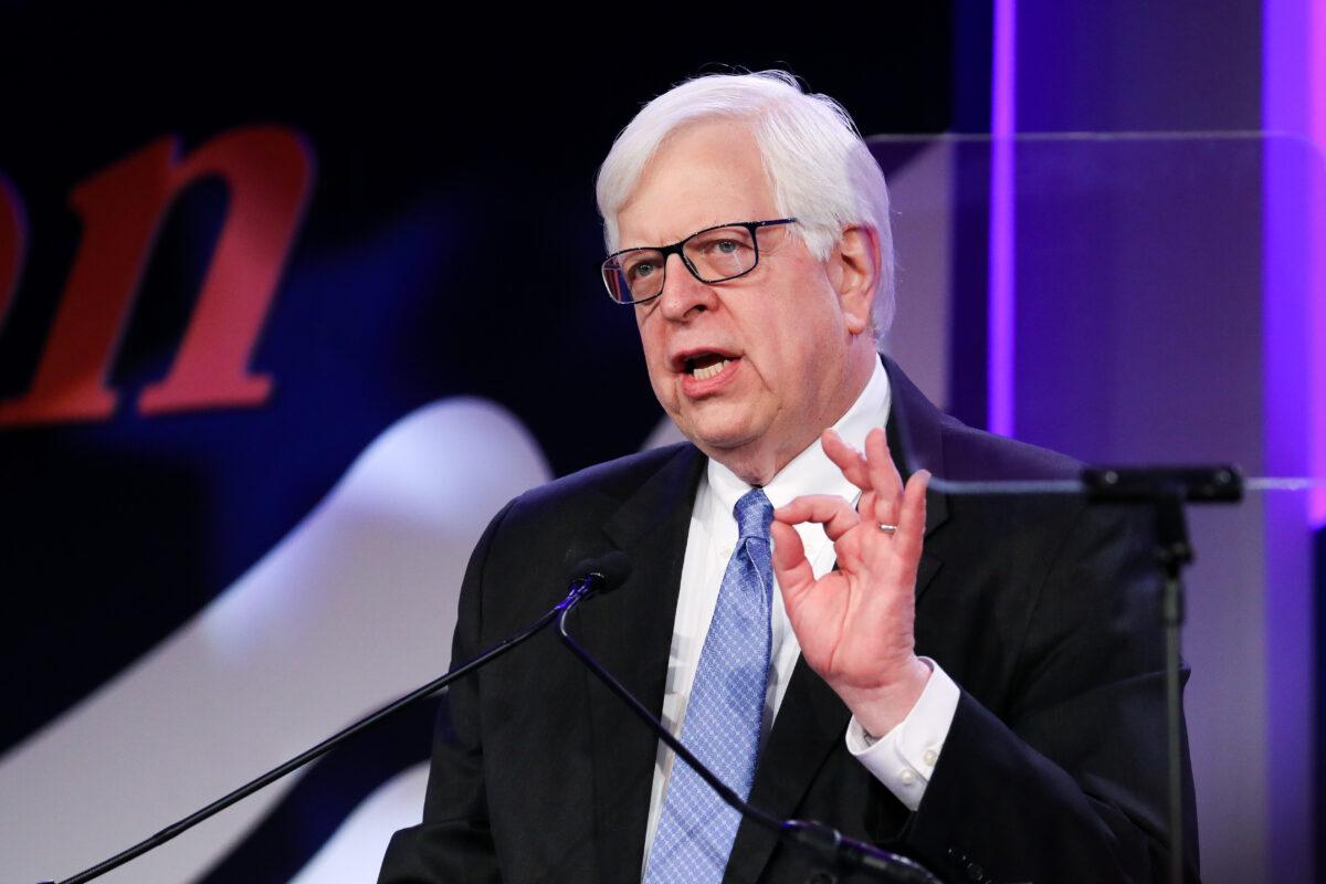 Dennis Prager, founder of PragerU and conservative radio talk show host and writer speaks at the Values Voter Summit in Washington on Oct. 11, 2019. (Samira Bouaou/The Epoch Times)
