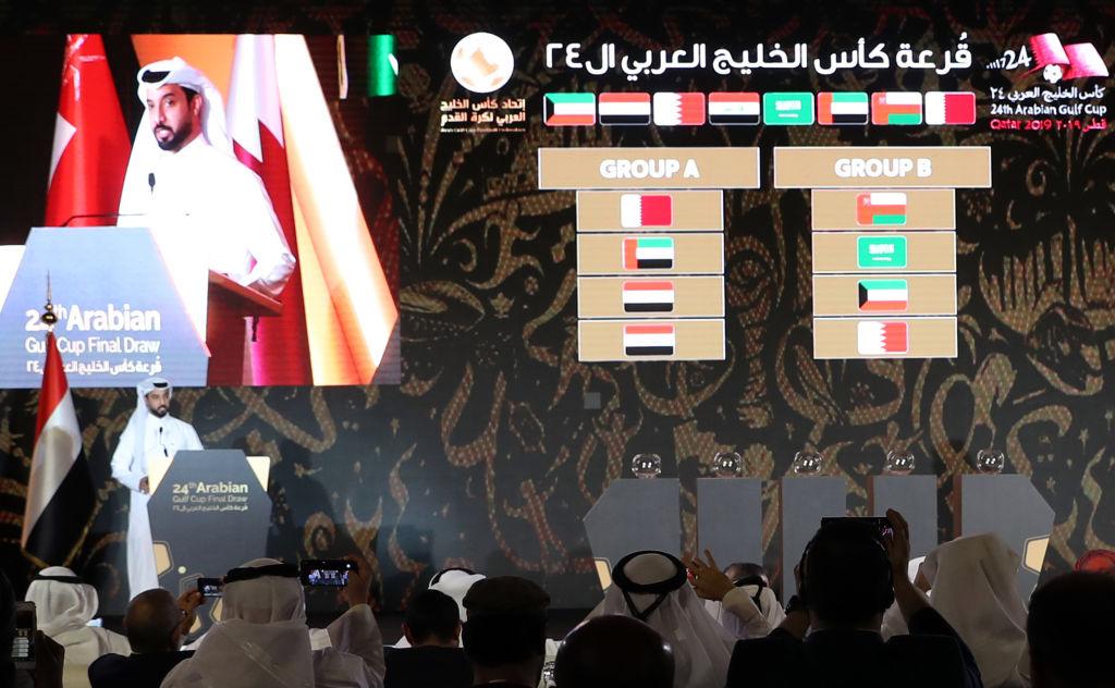 A general view shows the groups following the draw for the 24th Arabian Gulf Cup in the capital Doha on Nov. 14, 2019. (Karim Jaafar/AFP via Getty Images)