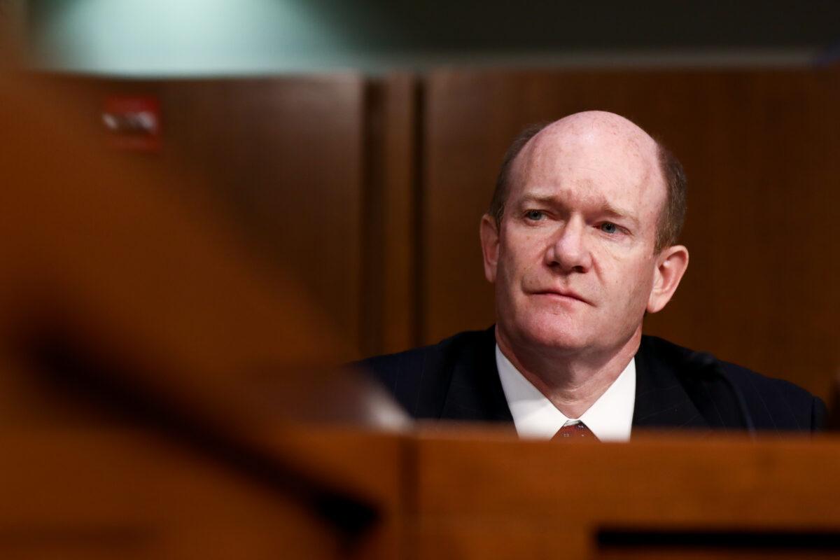 Sen. Chris Coons (D-Del.) listens as Judge Brett M. Kavanaugh testifies before the Senate Judiciary Committee during the third day of his confirmation hearing to serve as Associate Justice on the U.S. Supreme Court at the Capitol in Washington on Sept. 6, 2018. (Samira Bouaou/The Epoch Times)
