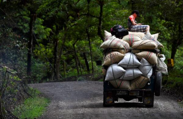 A transport vehicle carrying coffee bags in Santuario, Colombia, on May 10, 2019. (Raul Arboleda/AFP/Getty Images)
