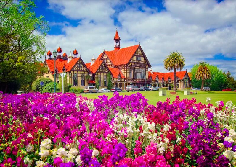 Tudor Towers, an imposing timber-framed building and bathhouse built by the New Zealand government in the early 20th century to establish Rotorua as a spa resort of international renown. (Fred J. Eckert)