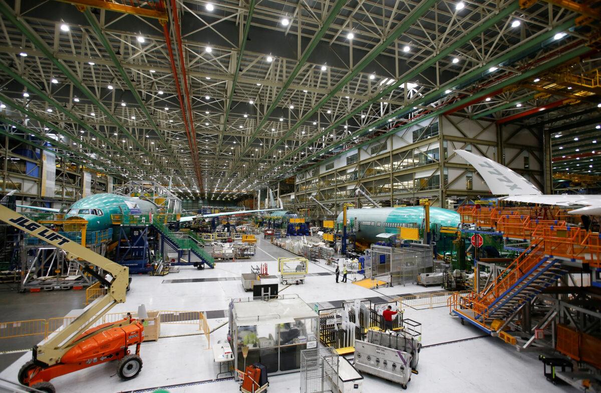 Several Boeing 777X aircraft are seen in various stages of production during a media tour of the Boeing 777X at the Boeing production facility in Everett, Washington, on Feb. 27, 2019. (Lindsey Wasson/Reuters)