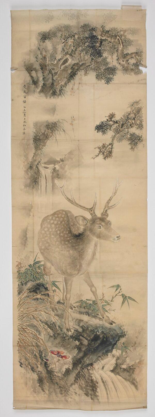"Deer" by Taki Katei. Paper, pigment, and ink; 65 9/16 inches by 21 7/8 inches. (Keith Sweeney/National Museums Liverpool)