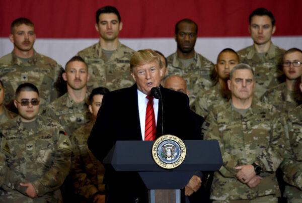 President Donald Trump speaks to the troops during a surprise Thanksgiving day visit at Bagram Air Field, in Afghanistan on Nov. 28, 2019. (Olivier Douliery/AFP via Getty Images)